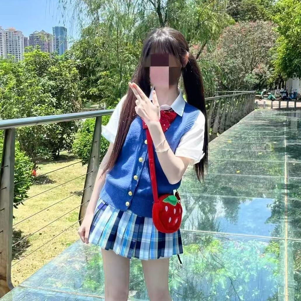 【气泡水】原创jk制服夏季宝蓝开衫马甲叠穿收腰白衬衫软妹套装