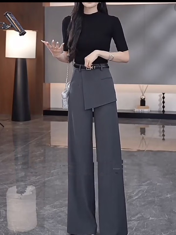 灰色假两件休闲裤女2025秋季新款腰带优雅气质显瘦直筒西装裤子女|undefined