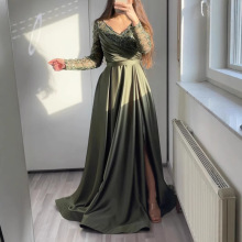 新款跨境裹胸款荷叶边重工绿色中腰纯色气质蕾丝长裙连衣裙晚礼服