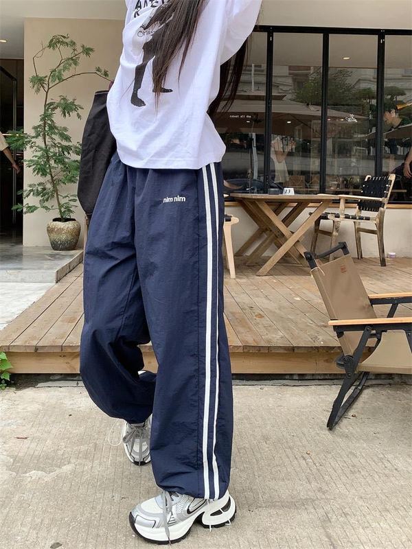 スポーツパンツ、女性用速乾パンツ、夏用薄手アイスシルクレディースパンツ、ルーズカジュアルサイドストライプストレートハイウエストワイドレッグパンツ|undefined