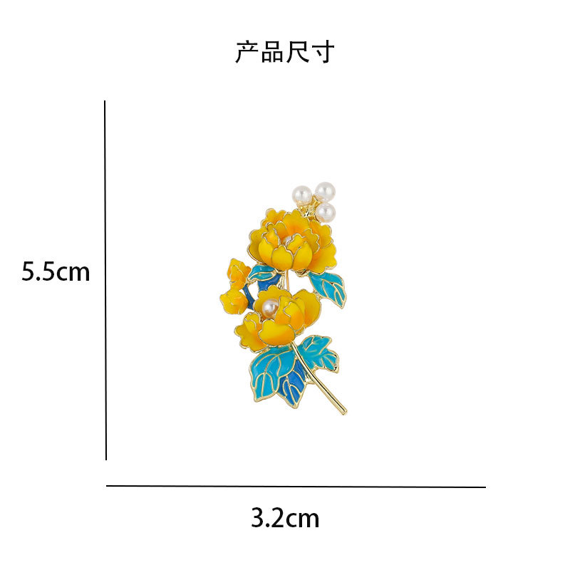 Chinese Style Elegant Enamel Peony Flower Brooch Retro Painted Flower Pin Corsage Suit Lapel Clothing Accessories