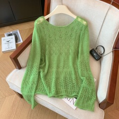 洋气软糯舒适针织长袖女2025秋冬季新款显白纯色镂空宽松外穿上衣