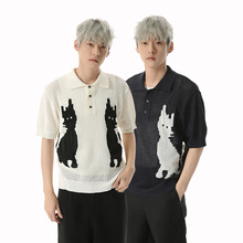 MTLCLOTHES男装|韩版复古趣味卡通小猫撞色设计翻领Polo针织短袖
