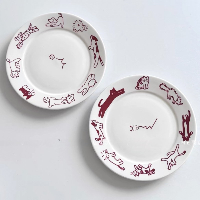 出口韩国复古可爱线描小狗猫猫陶瓷盘寸甜品早餐盘小众餐具|undefined
