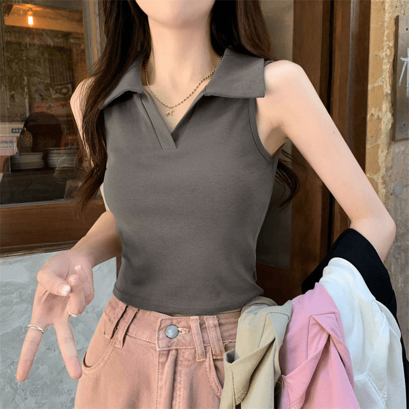 [92% Cotton, 8% Spandex] Slim Fit Sleeveless Undershirt Tank Top for Women, Summer Korean Style with Polo Collar Design