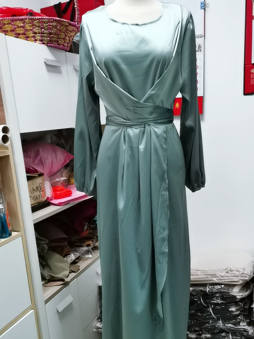 Elegantes Damen Satin Kleid Mit Laternenärmeln Und Bindegürtel_voghion.com