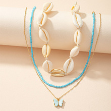 欧美跨境热销锁骨链多层配饰女 波西米亚风贝壳米珠蝴蝶吊坠项链