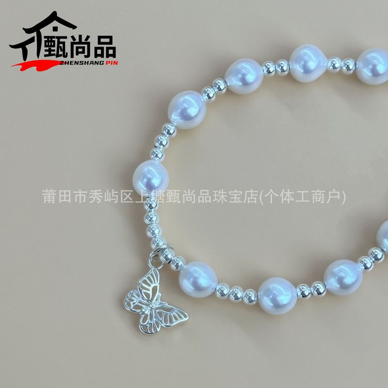 足银999蝴蝶珍珠手串银珠diy手链气质百搭冷淡风银手饰手工|undefined