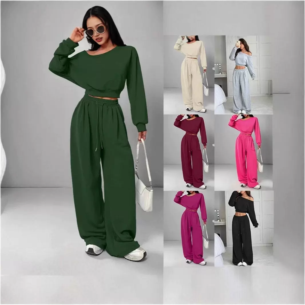 【现货】2025新品爆款欧美休闲套装纯色卫衣女一字领露肩宽松针织