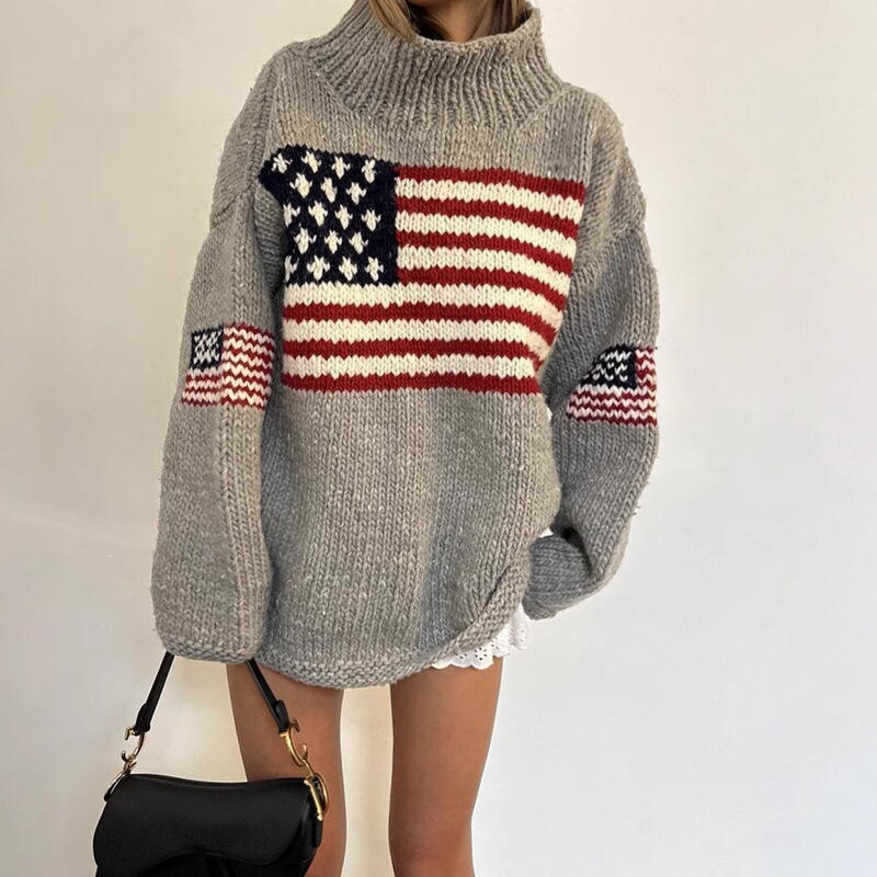 AliExpress Y2K Autumn/Winter Loose Fit Plus Size Knit Warm Loose National Flag Jacquard Street Style Vintage Sweater