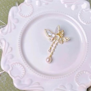 Double Butterfly Brooch 7-8mm Natural High Quality Freshwater Rice Shaped Pearl