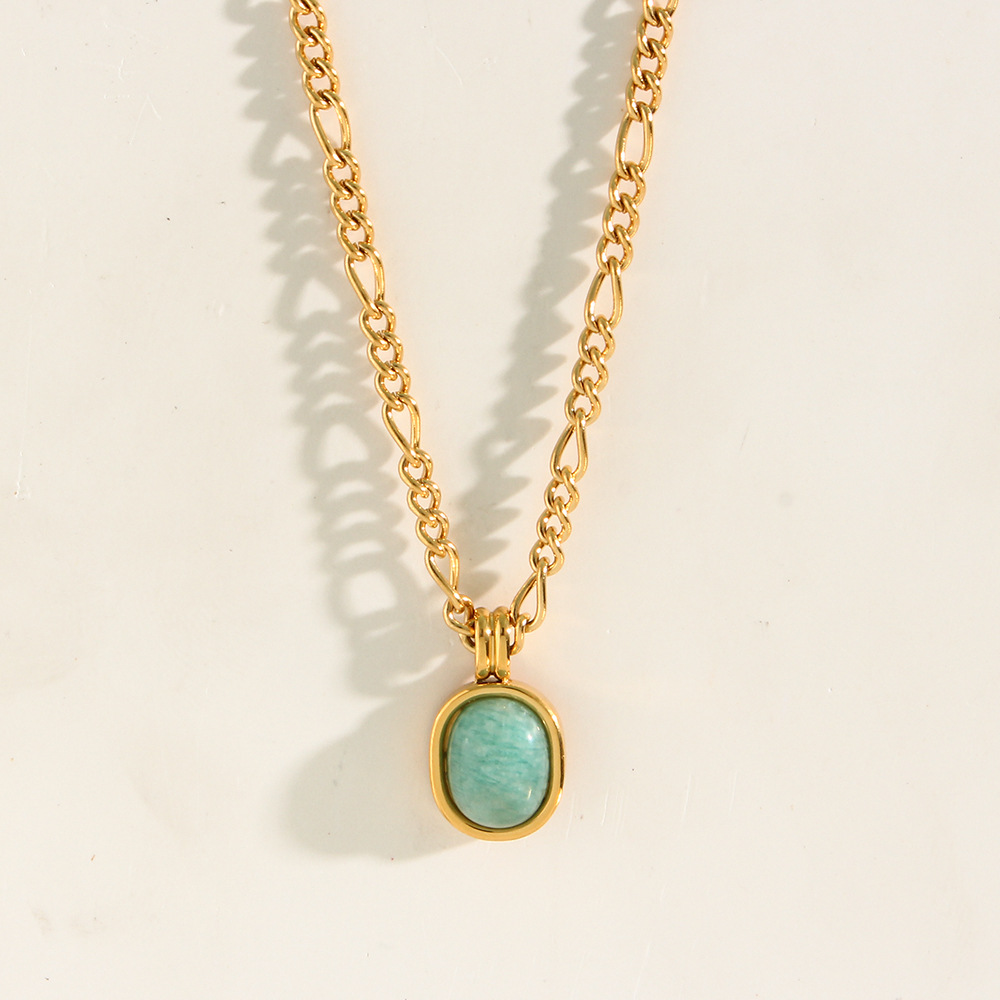 18K Gold Plated Plating Material 304 Stainless Steel, Natural Stone Pendant Material PVD Coated Real Gold Plated 18K Gold Oval 304 Stainless Steel Glam Waterproof Non Tarnish 304 Stainless Steel Necklace