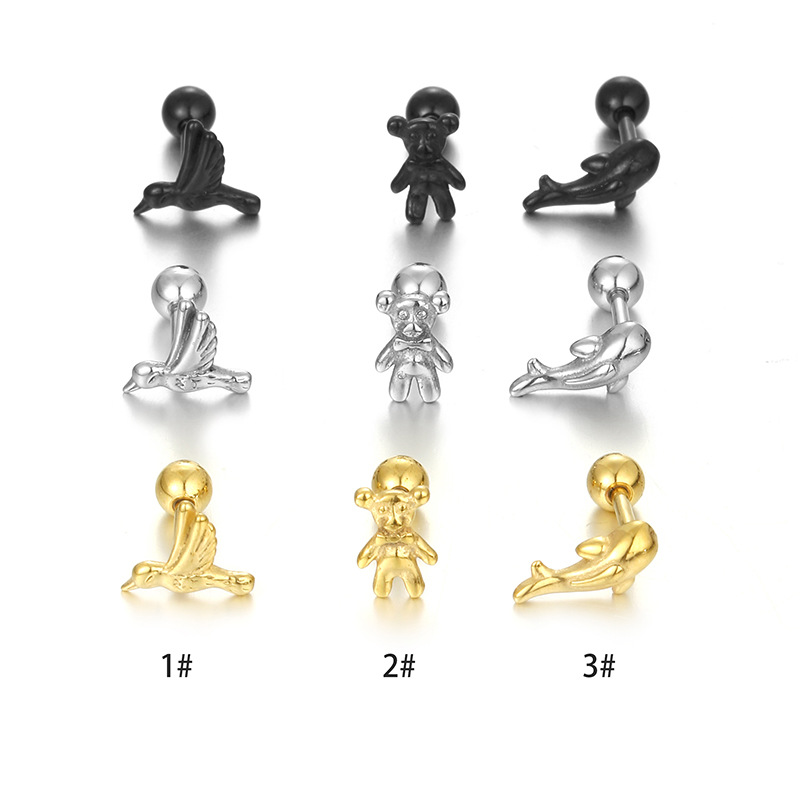 4g Weight Ear Studs Classification Fashion Animal Bear Stainless Steel Plating Ear Studs 1 Piece