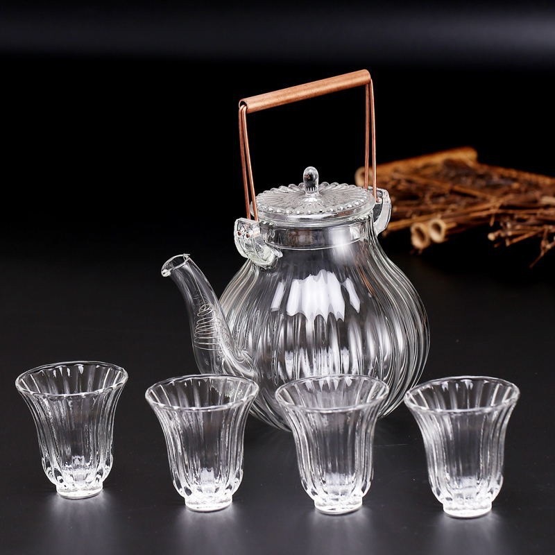 Pétalo de rayas hervidor de agua de estilo japonés cabeza de grúa crisantemo pétalo de vidrio de borosilicato de cobre mango de viga olla flor tetera té