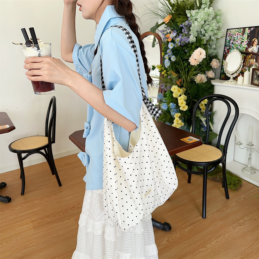 90g Weight Poplin Lining Material 19695304699 Fashion Element Open Closure Type Double Shoulder Straps Strap Type Tote Bag Bags Type Travel, Daily Occasion Canvas Material Round Dots Pattern All Seasons, Spring&Summer Season Women's Gender Streetwear Style Square Shape Medium Size 45262 New Polka Dot Canvas Bag Women's Large Capacity Bag College Students Class Canvas Bag Special-Interest Shoulder Bag 1
