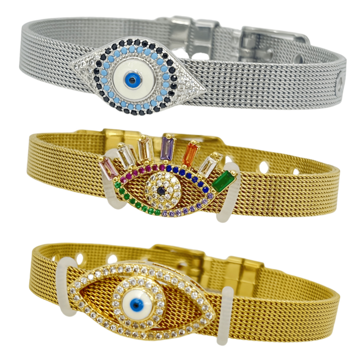 Cross-Border Hot-Selling Stainless Steel Watch Strap Micro-Inlaid Devil's Eye Bracelet Zircon Jewelry European and American Fashion