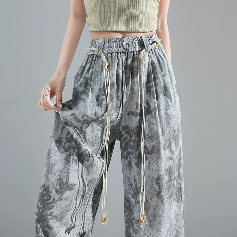 Фактический снимок лета 2025 года, новые модные хлопковые и льняные модные жаккардовые свободные утягивающие прямые брюки длиной до пола, повседневные широкие брюки с высокой талией.