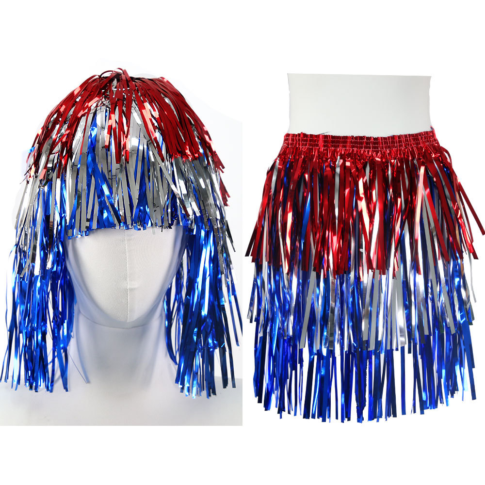 Nueva ropa de fiesta del Día de la Independencia rojo, plata, azul, sombrero de seda lluvia, peluca, desfile del Día Nacional de los Estados Unidos, vestido de seda lluvia de colores