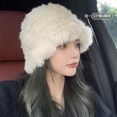 真兔毛白色毛绒帽子女秋冬季保暖显脸小护耳毛线帽皮草针织渔夫帽
