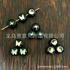 Black glass bead gold printed sound wave octagon butterfly bracelet necklace DIY crystal scattered bead accessories