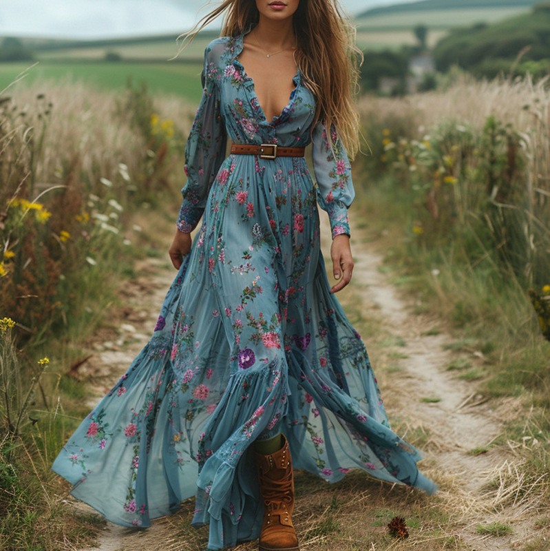 2025 European and American Amazon New Long-Sleeved Dress Bohemian Resort Style Large Swing Skirt Printed Dress