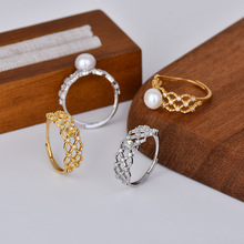 S925纯银戒指珍珠空托 高级感蕾丝镂空可调节指环diy半成品银配件