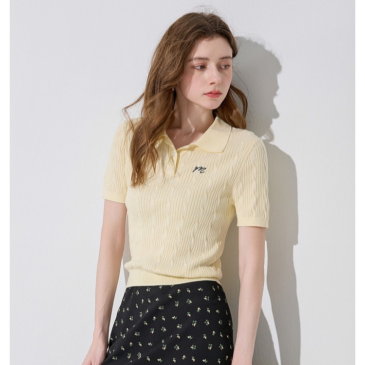 [Three-Color Cream Knit Sweater] 2026 Summer New Style Cable-Knit Polo Collar Sweater Short-Sleeved Top 96644