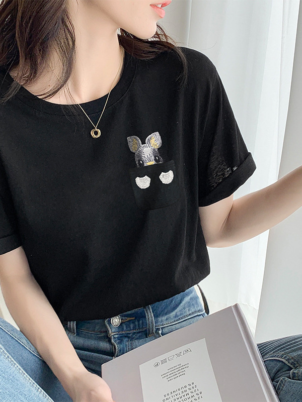 Áo thun nữ cổ tròn tay ngắn họa tiết thêu thỏ dễ thương form rộng — đen