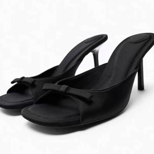2025 Summer New Niche Design Bow Thin Heel High Heel Sandals Women's Outwear Open Toe Square Toe Slippers for Women