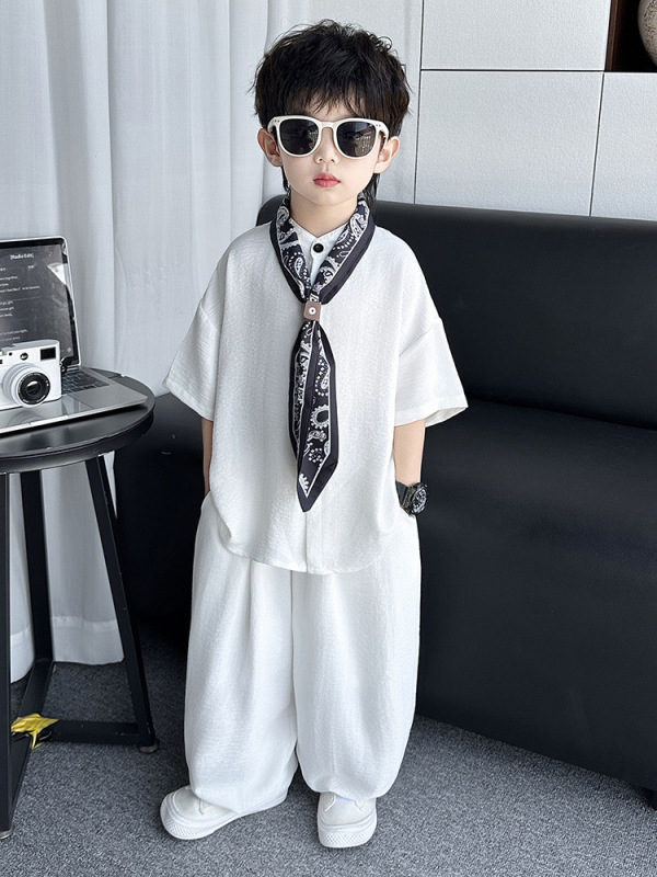 童装男童夏季套装2025新款儿童白色短袖衣服男宝宝夏装帅气衬衫潮|undefined
