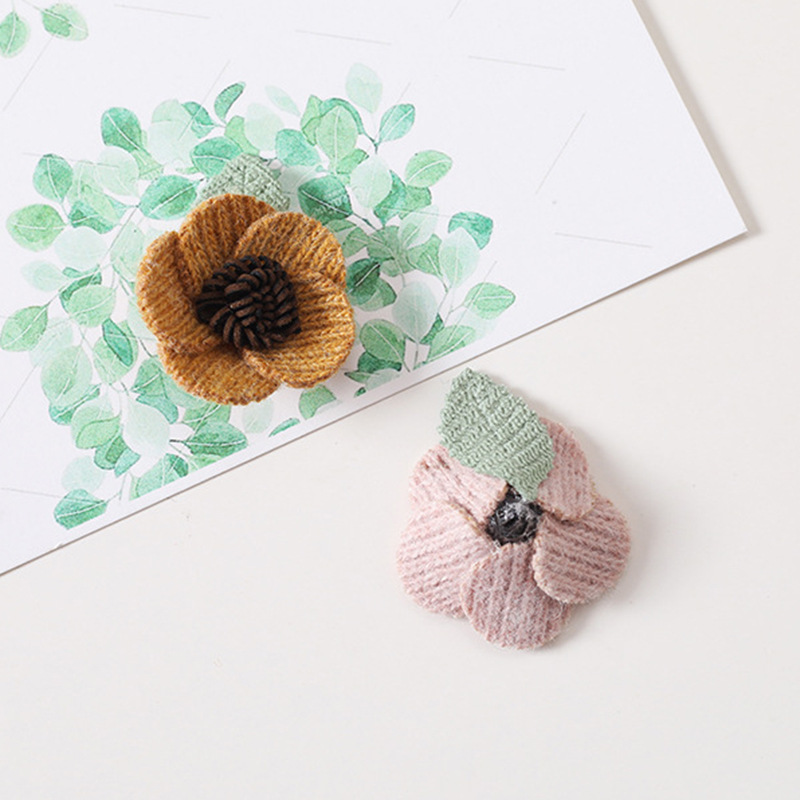 diy毛线纹卷芯带叶布艺花朵配饰手工小花辅料配件 开司米单叶加芯