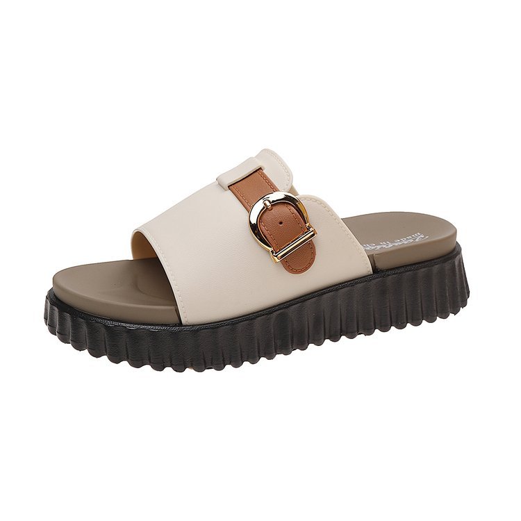 Soft And Bouncy Flip Flops With Contrasting Colors, Featuring A Belt Buckle Detail, Flat Casual Open Toe Sandals_vogvips.com