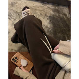 阿一 圈圈呢休闲加绒裤女冬季加厚阔腿裤抽绳直筒裤子