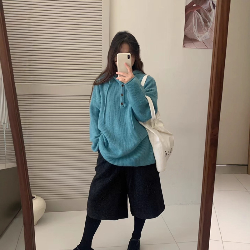 韩系纽扣半开领连帽针织衫女中长款慵懒风宽松休闲套头毛衣卫衣潮|undefined
