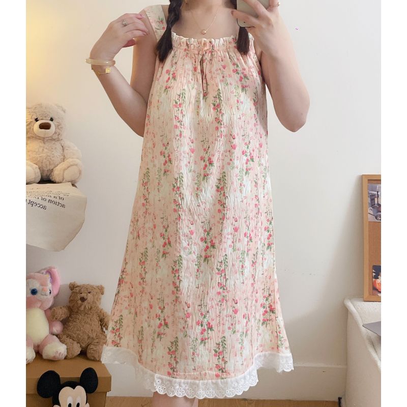 Nubes de verano, gasa de algodón, almohadilla para el pecho, camisón, camisón, verano femenino, dibujos animados de longitud media, ropa dulce para el hogar, pijamas, uso externo