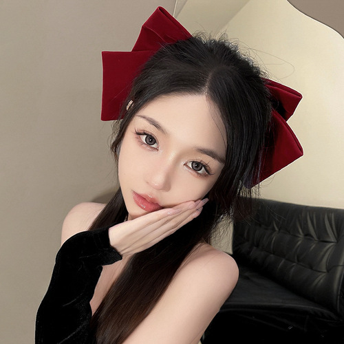 French black super large velvet bow hair clip for women, high-end head accessory, large size, spring clip for the back of the head