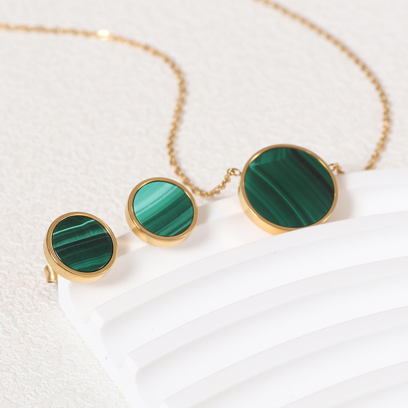 European and American Jewelry suit Malachite Necklace Simple Natural Stone Round Earrings for Women Summer High-end Color-resistant Ring