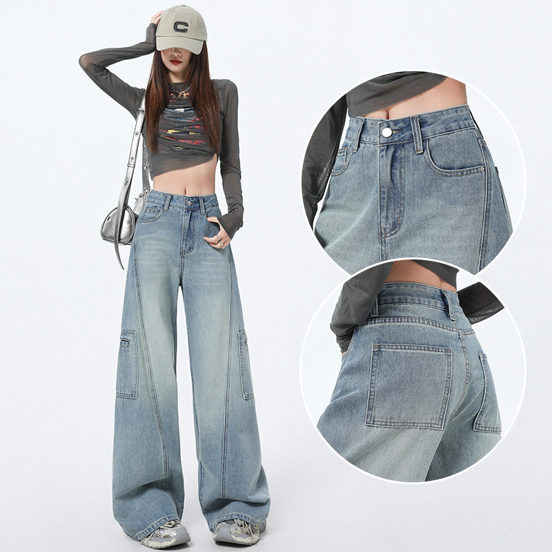 水洗高街復古藍工裝牛仔褲女美式寬鬆高腰垂感闊腿彎刀褲子春秋季