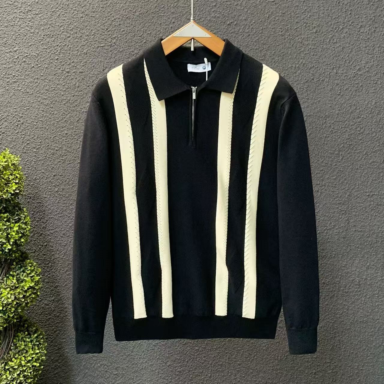 Men's Casual Lapel Knit Top Long Sleeve Fashionable Stripes Color Block Commuter Shirt For Mature Men_voghion.com