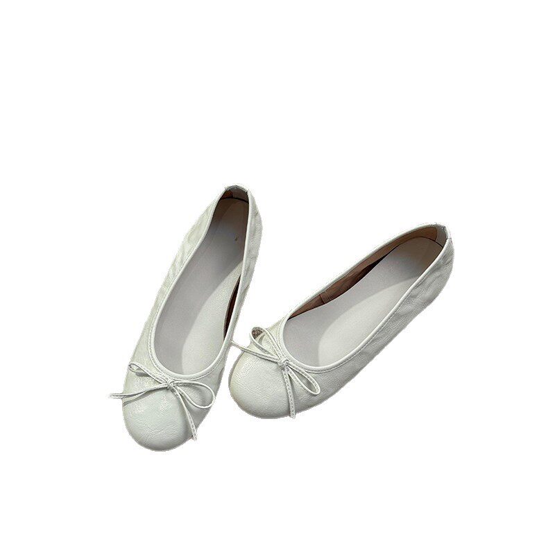 Giày búp bê nữ da cừu thật mũi tròn thắt nơ, đế bằng gót thấp, kiểu retro thanh lịch — màu đen, màu đỏ