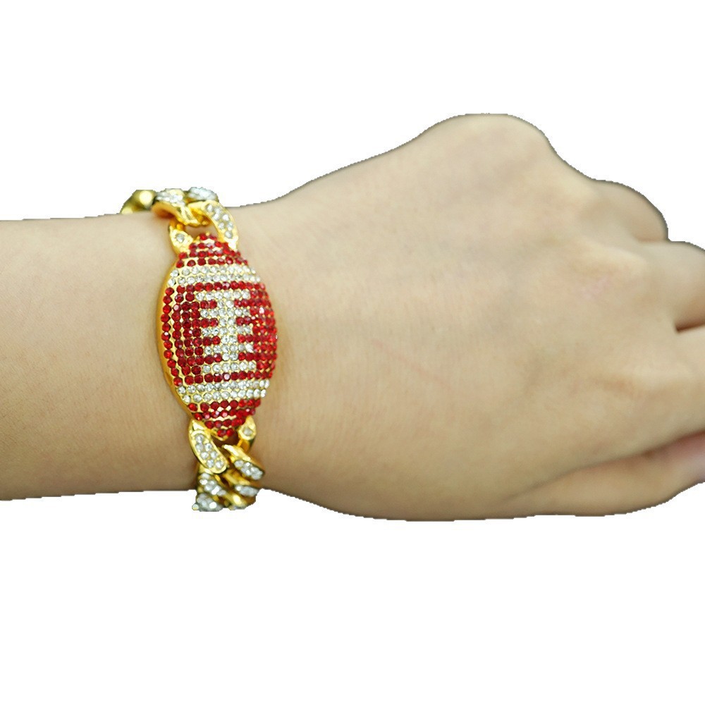 Hip Hop transfronterizo pulsera de aleación de rugby rojo personalidad hombre completo diamante fábrica de pulsera de rugby cubano al por mayor