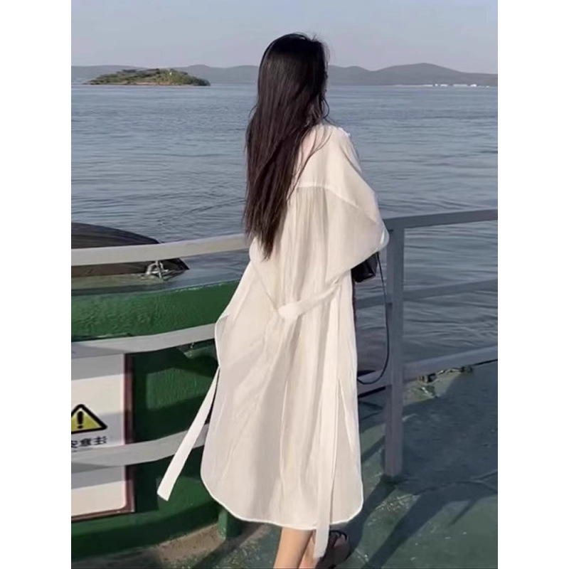 여성용 흰색 쉬폰 자외선 차단 셔츠와 멜빵 스커트, 가디건, 얇은 코트, 멜빵 스커트와 어울리는 셔츠