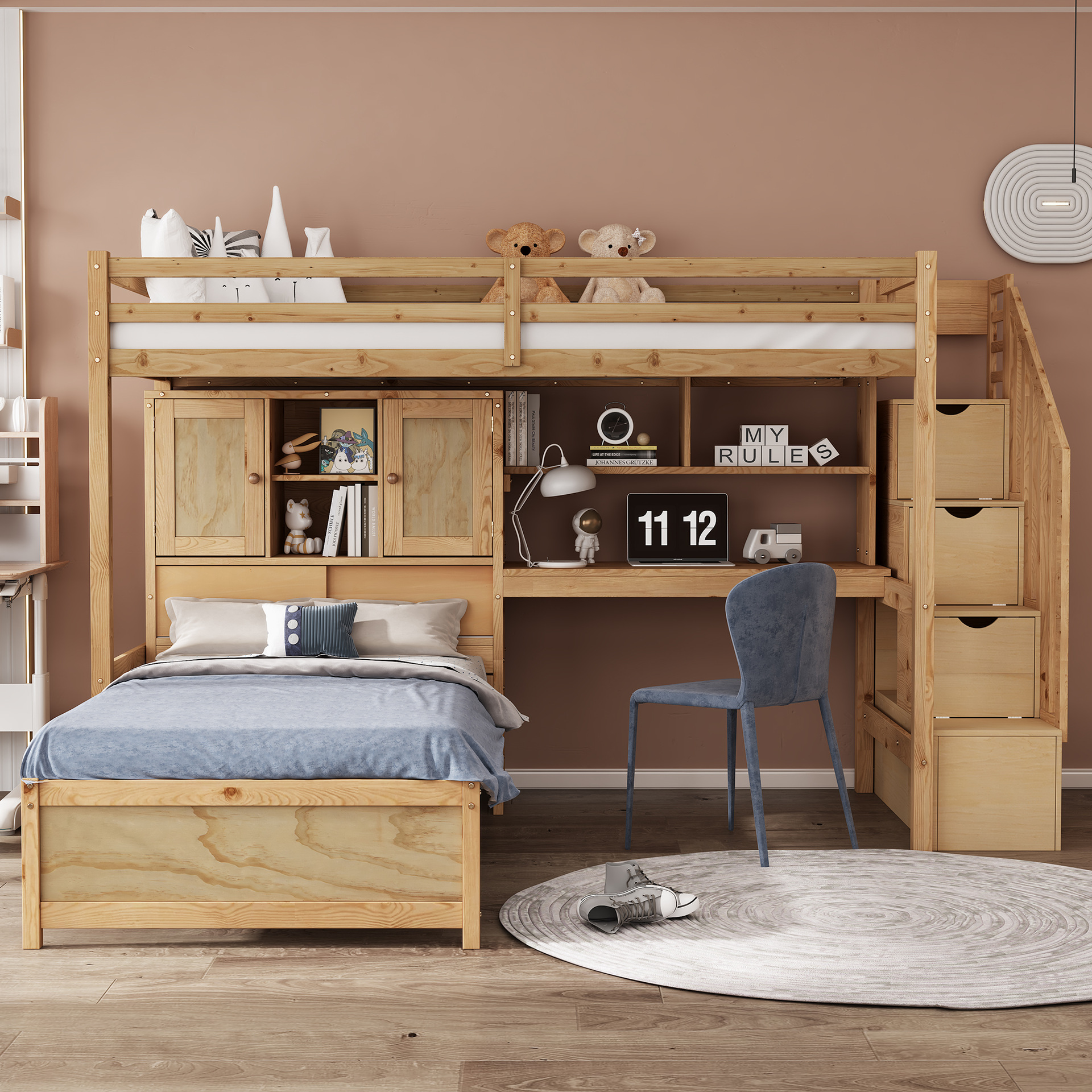 Children's Multifunctional Loft Bed with Desk Storage Stairs, Natural Wood Color Solid Wood Bed Frame, Export Factory Cross-Border