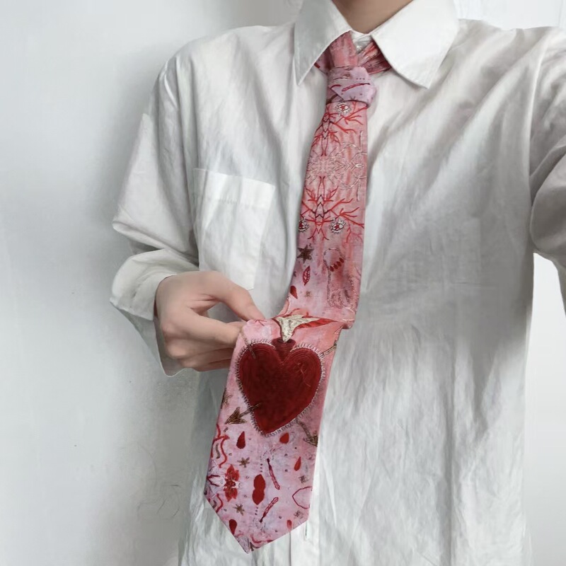Best-Selling Flame Heart Graffiti Tie Shirt for Men and Women, Artistic Pink College Style Personalized Casual Design Accessories