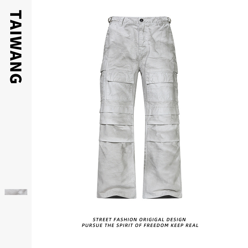 Herrenbekleidung Retro Overalls Herbst und Winter Dirty Dyed Multi Pocket Loose Herren Gerade Hose_voghion.com