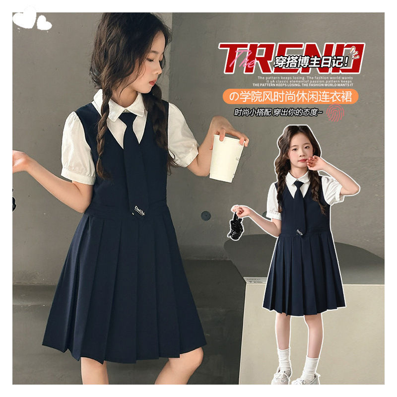 Girls Summer Skirt 2025 New Preppy Style Pleated Dress Medium and Large Children's Vest Skirt Fake Two-Piece A-Line Skirt