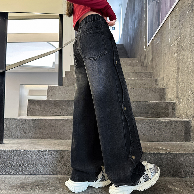 소녀 청바지 2024 년 봄과 가을 새로운 서양식 어린이 스트레이트 바지 가을 검은 거리-느슨한 넓은 다리 바지