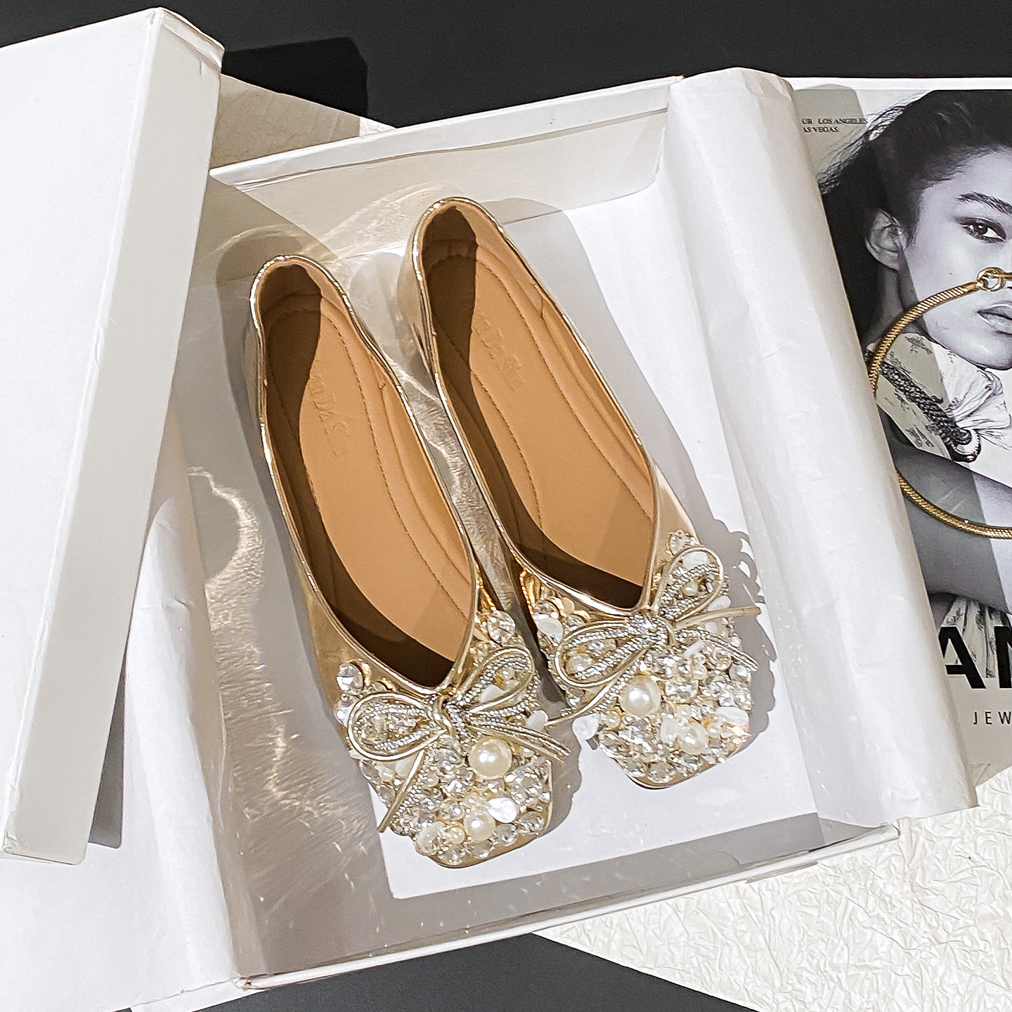 Soft-Soled Rhinestone Gold Wedding Flats with Hidden Wedge, Sizes 41-43