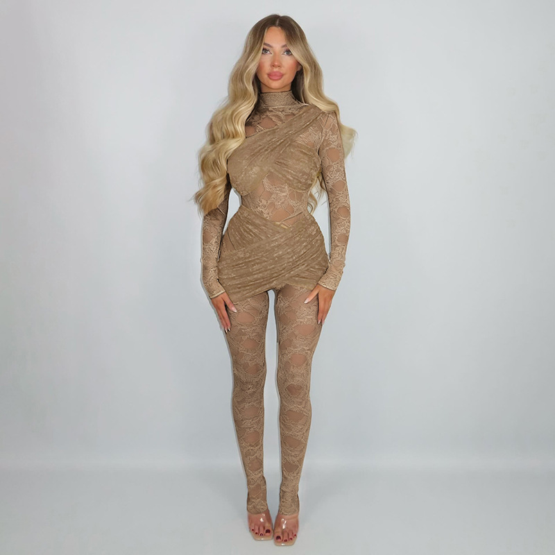 D25Jp529 European and American Women's Winter New Style Splicing See-Through Sexy Lace Long-Sleeved Round Neck Tight Long Jumpsuit