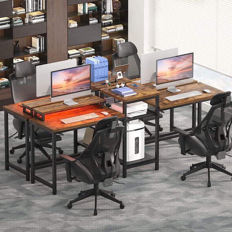 Cross-Border Hot-Selling Model with Monitor Stand, Computer Corner Desk, American Country Style with Led Light and Socket, Computer Desk Cross-Border Hot-Selling Model with Monitor Stand, Computer Corner Desk, American Country Style with Led Light and Socket, Computer Desk
